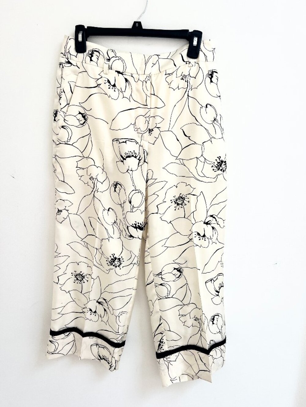 Seventy Venezia Ivory Black Floral Satin Velvet Trim Tailored Wide Leg Pants S